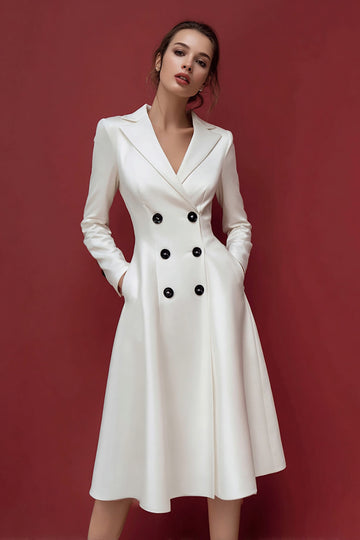 Ivory A-Line Notched Lapel Double Breasted Long Sleeve Work Dress With Pockets